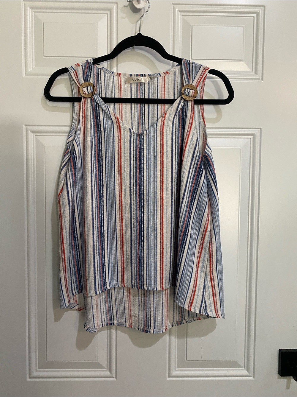 Cure Striped Cold-Shoulder Tank Top in Red, Blue & White